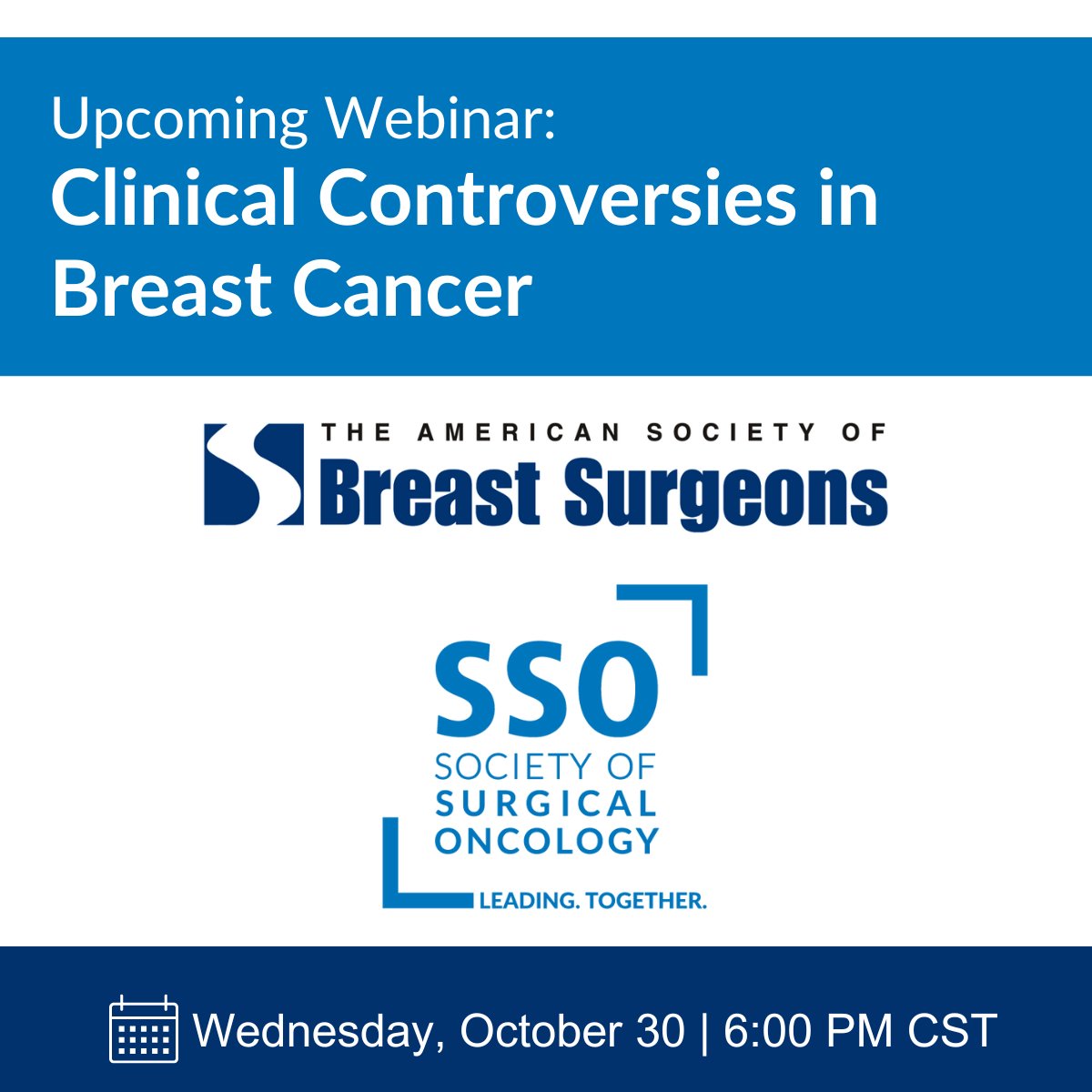 Mark your calendars for a joint ASBrS and
<a href="/SocSurgOnc/">Society of Surgical Oncology</a> webinar on October 30, 6 PM CT.  Join us for a case-based discussion of clinical controversies in the management breast cancer.  Register today! us06web.zoom.us/webinar/regist…