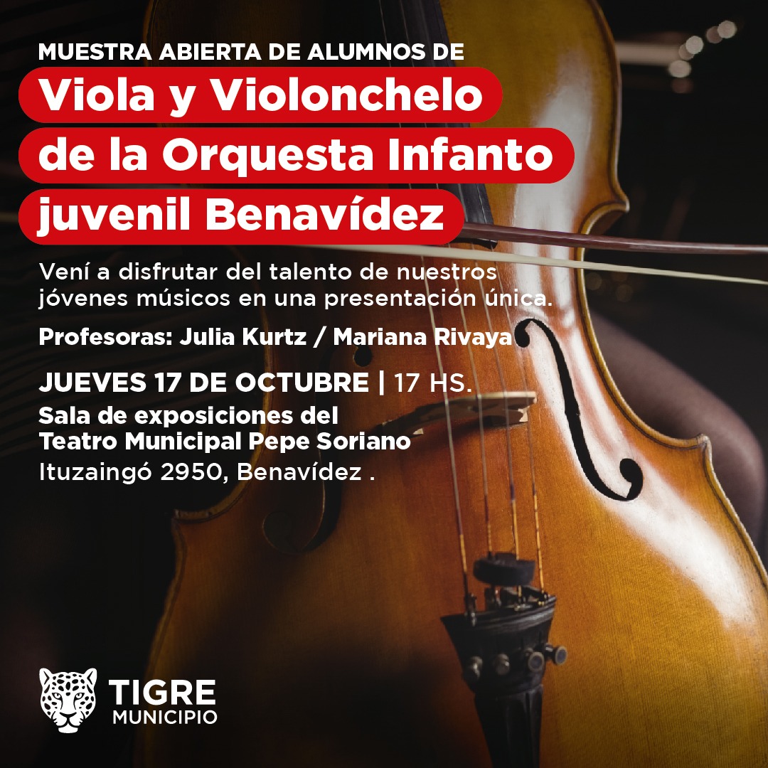 CulturaEnTigre's tweet photo. Acompañanos el jueves 17 de octubre a las 17 hs. en la #SalaDeExposiciones del @teatromunicipalpepesorianook para disfrutar de la muestra abierta de los alumnos de viola y violonchelo de la Orquesta Infanto-Juvenil de Benavídez 🎻🎶.
@ZamoraJulio
@MunicipioTigre https://t.co/cWjBM5tI7n
