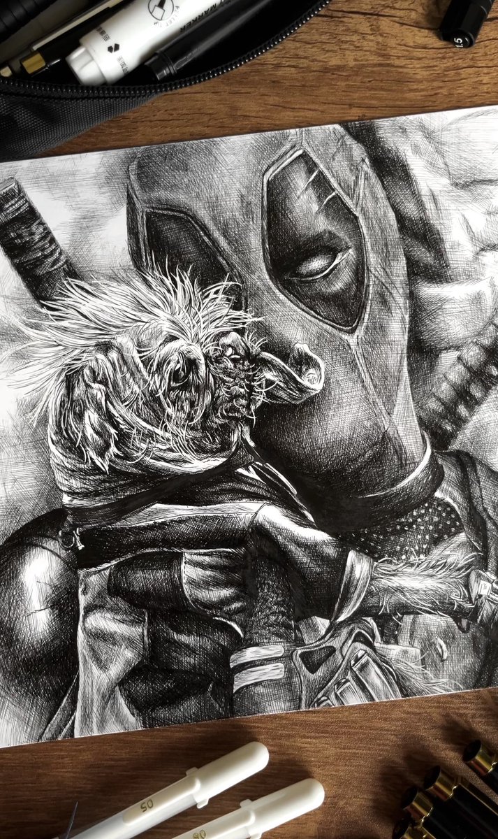 DavinaDeijns's tweet image. I really love drawing #dogpool , I hope to do it again real soon ❤️