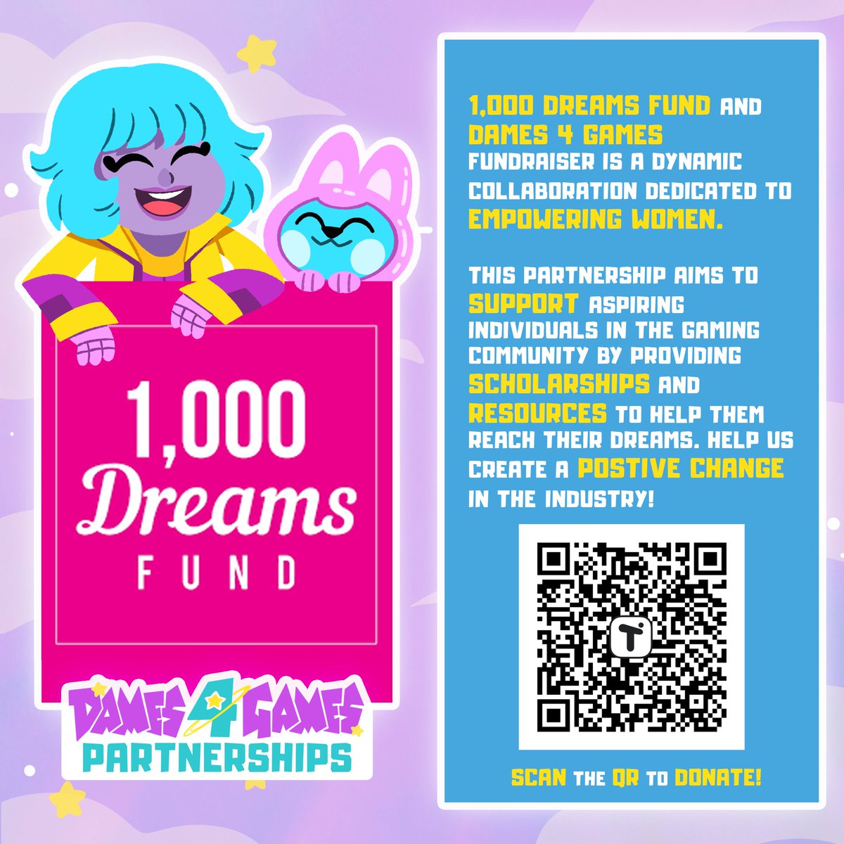 Dames4Games (@dames4games) on Twitter photo We've teamed up with <a href="/1000DreamsFund/">1,000 Dreams Fund</a> and we're on a mission to support incredible professionals in the game industry, and we need your help!
If you can donate, we’d be so grateful! If not, sharing this post would mean the world to us! Let’s spread the word and reach our goal We've teamed up with <a href="/1000DreamsFund/">1,000 Dreams Fund</a> and we're on a mission to support incredible professionals in the game industry, and we need your help!
If you can donate, we’d be so grateful! If not, sharing this post would mean the world to us! Let’s spread the word and reach our goal