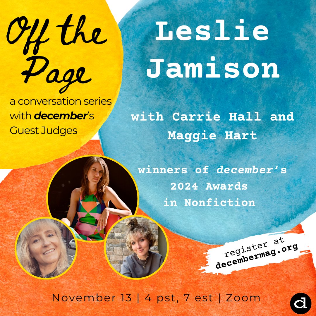 Off the Page is back! We can’t wait to talk with <a href="/lsjamison/">Leslie Jamison</a>, our Nonfiction Guest Judge, as well as the winning authors she selected, Carrie Hall and Maggie Hart! Join us for a reading and conversation on November 13 at 4pst/7est. Register now: eventbrite.com/e/104240603350…