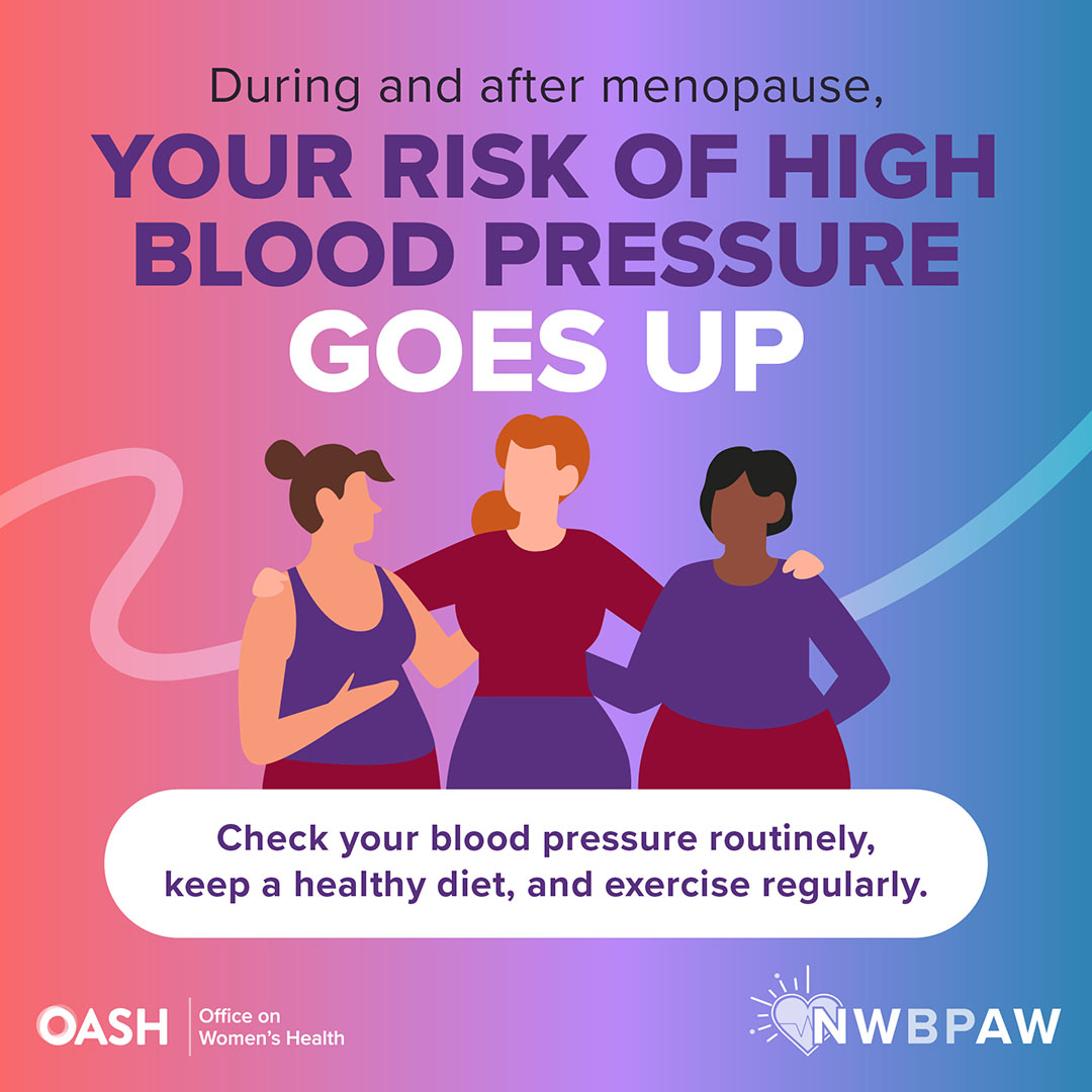 Did you know? #Menopause increases the risk of #HighBloodPressure. Check your blood pressure numbers and take steps to stay healthy 🏃‍♀️. Visit the National Women’s Blood Pressure Awareness Week page to learn more! #HeartHealth #NWBPAW womenshealth.gov/nwbpaw <a href="/womenshealth/">womenshealth.gov</a>