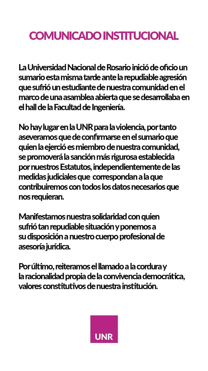 fbartolacci's tweet photo. Sin lugar para la violencia en la UNR. Repudiamos lo sucedido, nos ponemos a disposición de quien sufrió la agresión y la justicia e iniciamos sumario de oficio para determinar responsable encomendando las sanciones más rigurosas que establecen nuestros estatutos. https://t.co/j4CnHNulNa