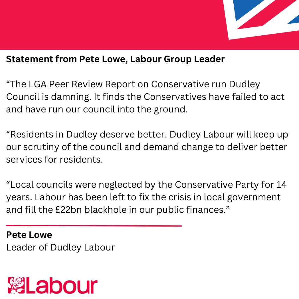 The Local Government Association's report has revealed significant financial and governance issues under the Dudley Conservatives' 9-year leadership, following 14 years of chronic underfunding by the previous government. 

Whilst the Conservatives continue to fail, it will Labour