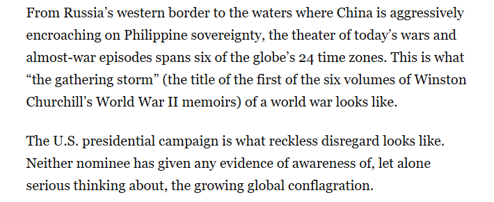 Sobering thought from <a href="/GeorgeWill/">George F. Will</a> this morning. Bad enough the two major candidates aren't thinking seriously about this... but is anybody? Or are people too distracted by the current political infotainment extravaganza?