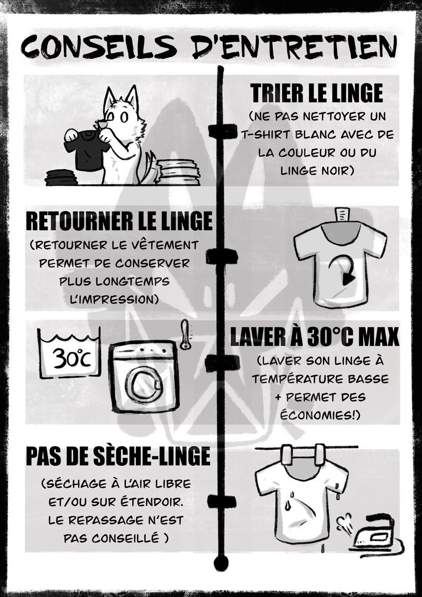 Conseils d’entretien pour nos vêtements ! 
Le sèche linge n’est pas conseillé mais l’impression sur tissu se maintient quand le linge est retourné