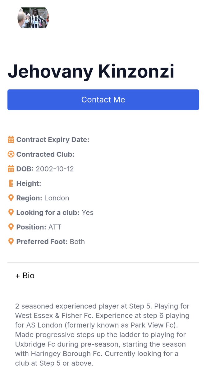 ⚫️🔵🟠 TNLP PROFILE 🟠🔵⚫️

Name: Jehovany Kinzonzi
Location: London 
Position: Attacker 
Previous clubs: West Essex &amp; Fisher Fc

You can check out his profile on thenonleaguepromoters.co.uk or DM us if interested to know more

#BeSeen 🟠🔵⚫