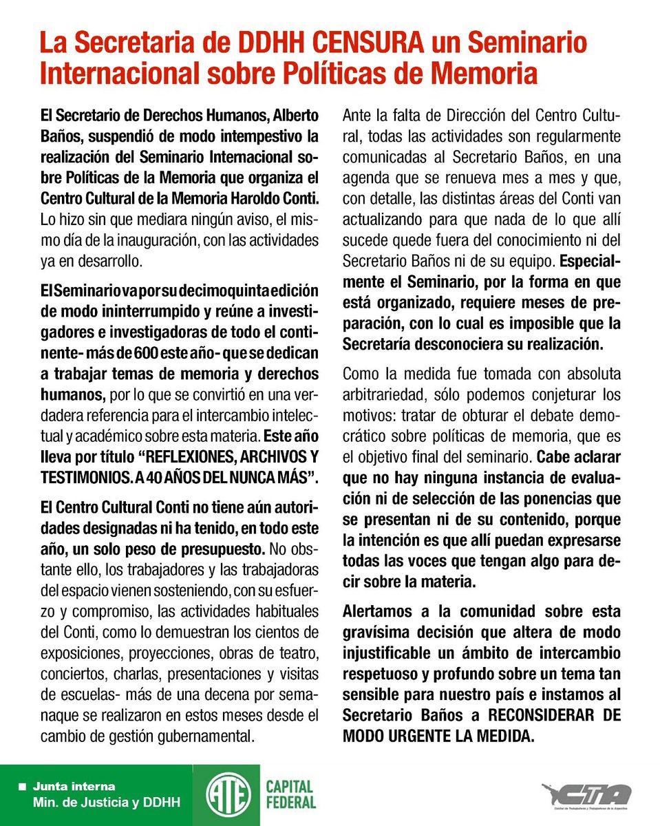 coragamarnik's tweet photo. Desde la Secretaría de Derechos Humanos de Nación impiden la  realización del  XV SEMINARIO INTERNACIONAL POLÍTICAS DE LA MEMORIA en el  @centroculturalconti
Es un acto de censura incompatible con la vida democrática. 
Estoy segura que lo vamos a hacer igual https://t.co/AcoDmsopdM