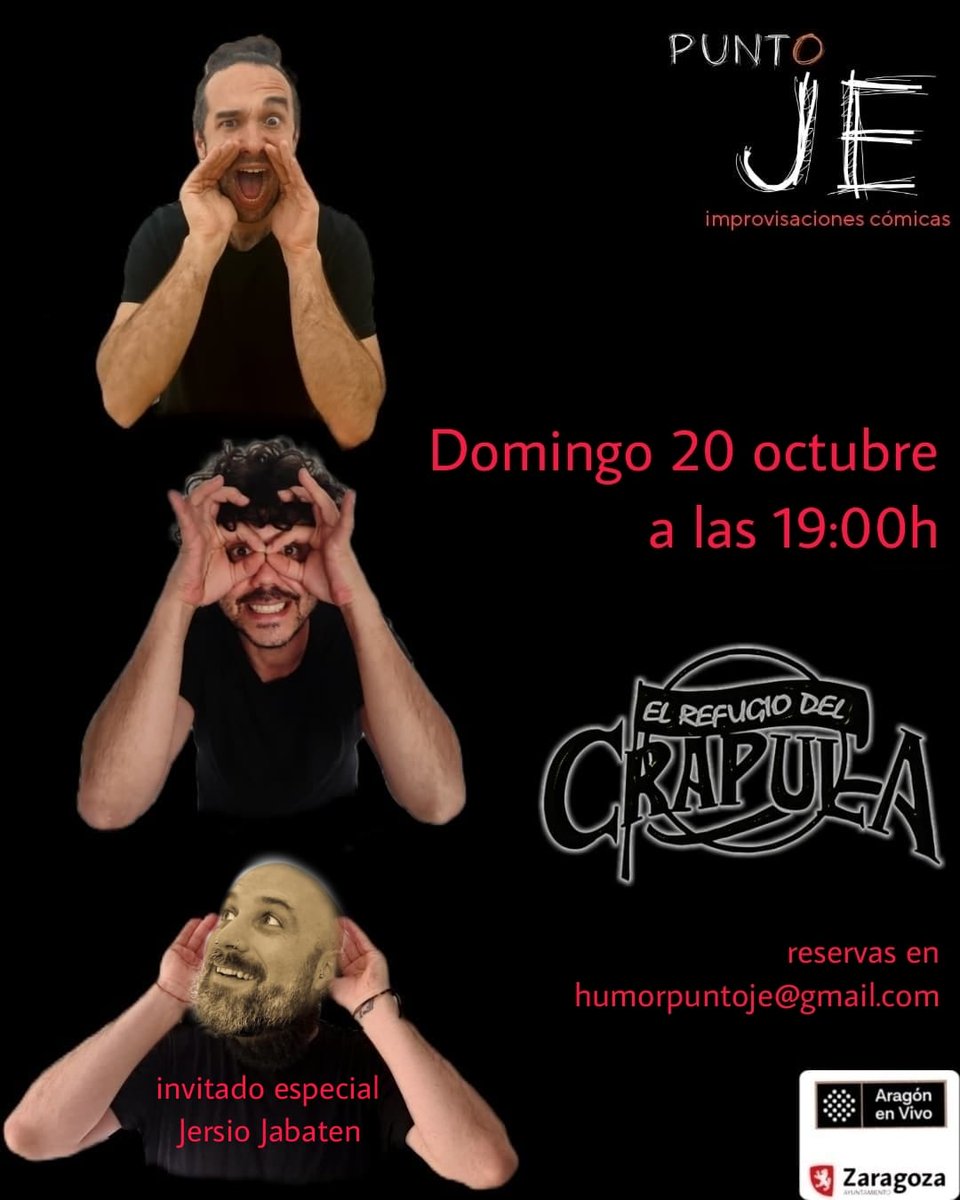 LosPuntoJe's tweet photo. La gira de Punto Je llega a Zaragoza!!!
No os los perdáis este domingo en el Refugio del Crápula con la ayuda de Jersio Jabaten!!!
Reservas en humorpuntoje@gmail.com https://t.co/hbEQ34PSeC