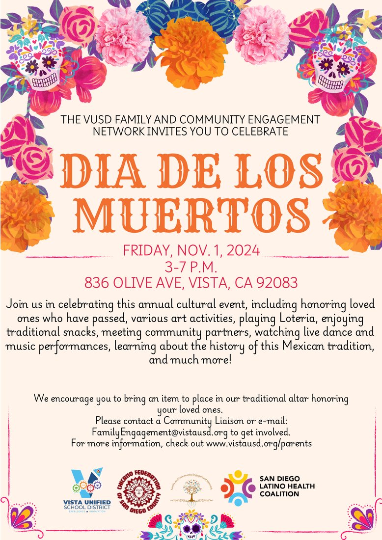 🌼Día de los Muertos🌼
Friday, November 1, 2024 from 3:00 pm to 7:00 pm

Please join us for student performances, crafts, loteria, giveaways, face painting, movies, altars honoring loved ones, and much more!