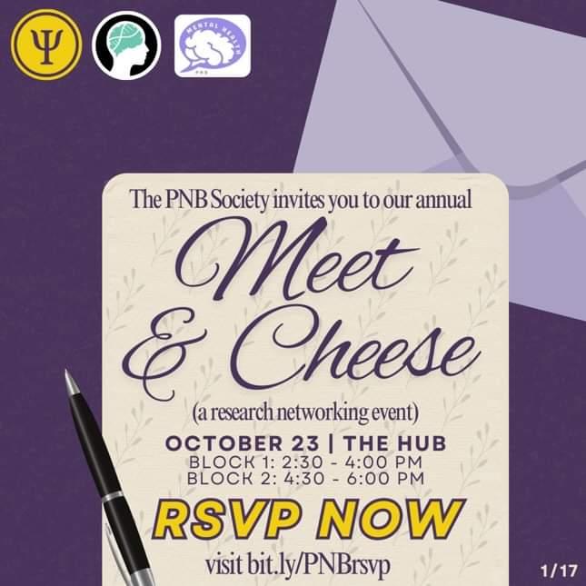 Join us on October 23rd for PNB Meet &amp; Cheese night! Come learn about research opportunities in the department 🧪🧬👁️👂🧠👶
