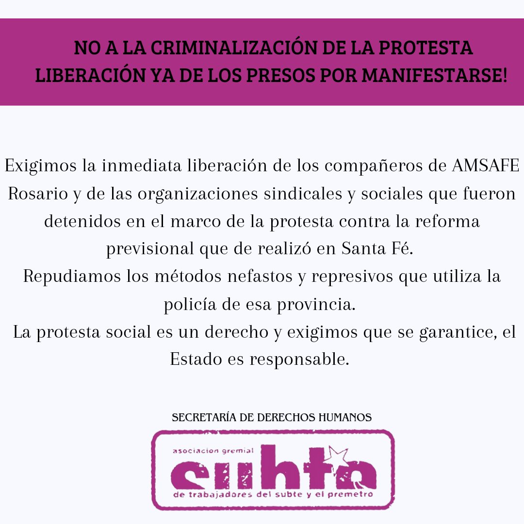 ddhhsubte's tweet image. Repudiamos los métodos represivos aplicados en Santa Fé.
La protesta es un derecho y debe estar garantizado. El Estado es responsable.
#amsafe #ctera