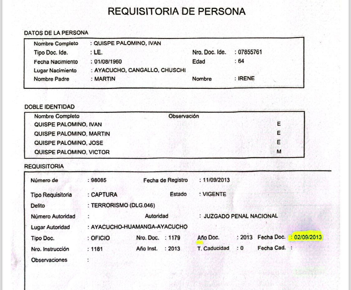 NinaSunqu's tweet photo. 🚨🚨🚨 #ÚLTIMO 
Detenido Iván Quispe NO PRESENTA REQUISITORIA. 
Según ministro Juan Santiváñez, detenido Iván Quispe Palomino presentaba 3 requisitorias por Terrorismo, pero eso ES FALSO, según los registros oficiales.
1. Iván Quispe tiene DNI 450088xx. 
2. El número DNI de los RQ entregados a la prensa por el mismo Santiváñez es 07855761, que pertenece a otra persona nacida en 1965. Este DNI, incluso, habría sido usado como "doble identidad" por el verdadero cabecilla criminal Víctor Quispe Palomino. 
Ojo: Expertos como Pedro Yaranga y Jaime Antezana ya habían adelantado que se trataba de una patinada ministerial pues el detenido Iván Quispe Palomino era considerado un traidor tras haber sido detenido y colaborar con la policía. 
👇