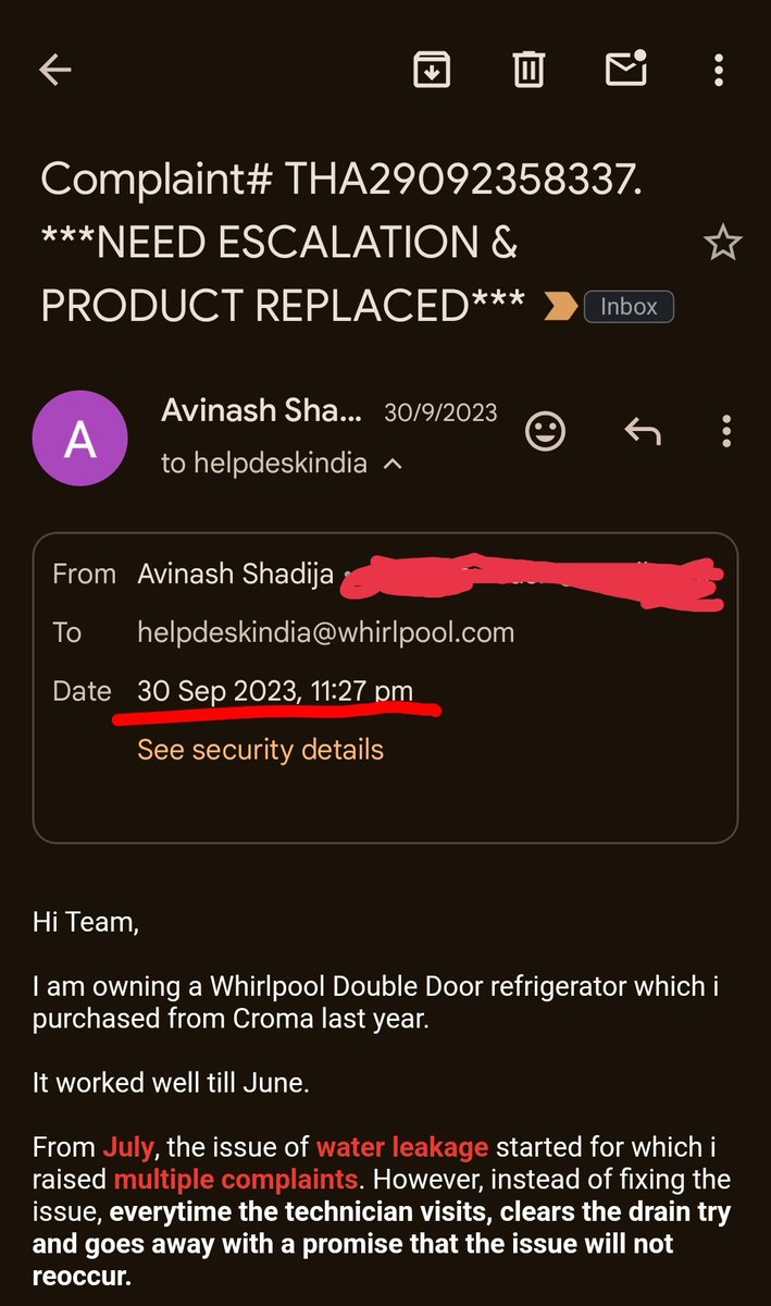 Ashadija's tweet photo. @whirlpool_india Also, sharing screenshots of escalation emails whch i'd sent to @whirlpool_india in Sept 2023 asking to replace faulty product but proper resolution wasnt provided. U can notice dat my email of Oct 2023 fetched reply in Nov 2023 (1 mth delay). I sent email recently but no reply https://t.co/EyJCvldivN