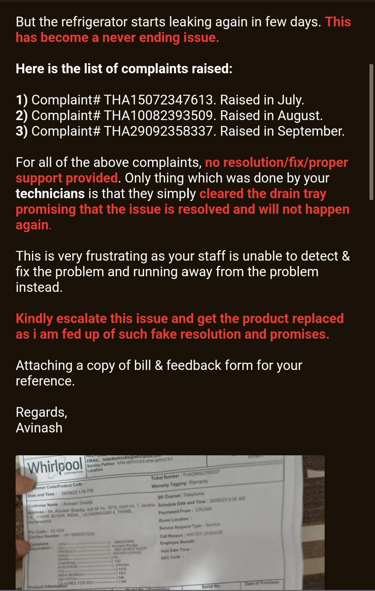 Ashadija's tweet photo. @whirlpool_india Also, sharing screenshots of escalation emails whch i'd sent to @whirlpool_india in Sept 2023 asking to replace faulty product but proper resolution wasnt provided. U can notice dat my email of Oct 2023 fetched reply in Nov 2023 (1 mth delay). I sent email recently but no reply https://t.co/EyJCvldivN