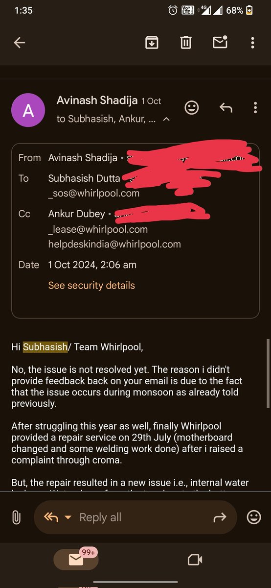 Ashadija's tweet photo. @whirlpool_india Also, sharing screenshots of escalation emails whch i'd sent to @whirlpool_india in Sept 2023 asking to replace faulty product but proper resolution wasnt provided. U can notice dat my email of Oct 2023 fetched reply in Nov 2023 (1 mth delay). I sent email recently but no reply https://t.co/EyJCvldivN