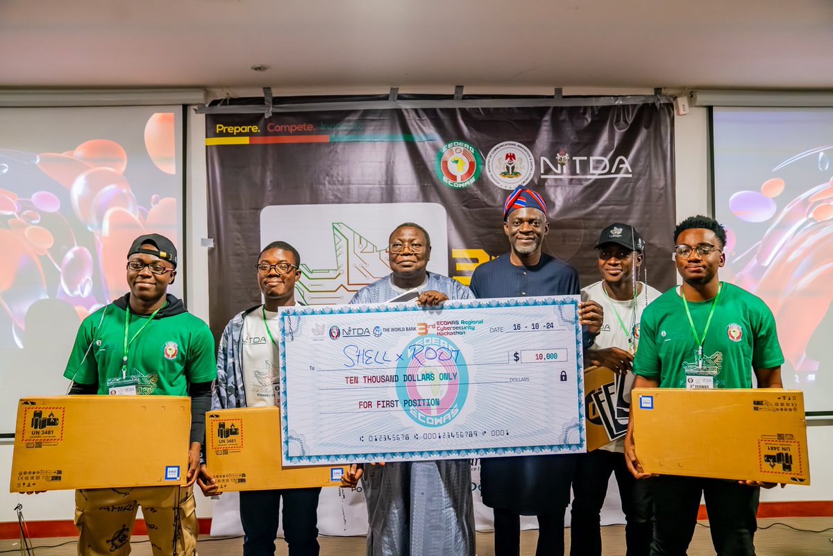 NITDANigeria's tweet photo. 🏆Congratulations to Team ShellxRoot from Cote D'Ivoire🇨🇮, champions of 3rd #ECOWASCybersecurity Hackathon!
Their exceptional skills and innovative solutions have earned them the top spot, along with a cash prize of $10,000 and state-of-the-art digital devices. https://t.co/mC9m35uQwk