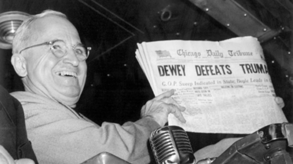 wjosephcampbell's tweet image. “President Harry S. Truman proved to be a far better election predictor … than the professional pollsters, politicians, and pundits” ~Elmo Roper, #OTD in 1948, after the “Dewey defeats Truman” epic #pollfail.
Roper’s poll had Dewey ahead 10.4 points; Dewey lost by 4.5 points