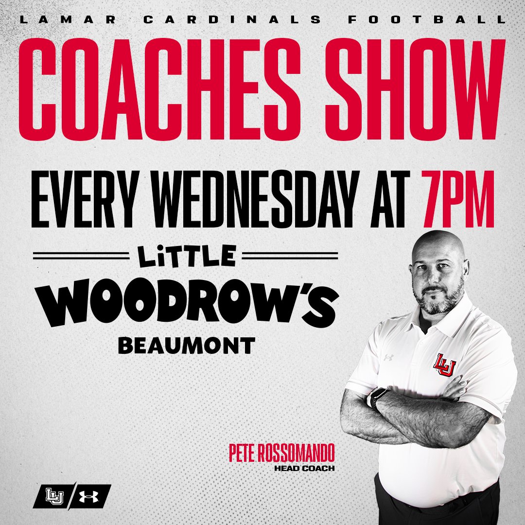 LamarAthletics's tweet photo. π¨π¨Pete Rossomando Radio Show Tonightπ¨π¨
Struggling through the midweek gloom of no football? We've got you covered. Join @CoachRossomando and Voice of the Cardinals, Harold Mann, tonight at 7 p.m. from the Little Woodrow's for the Radio Show! #FoodFunFootball #WeAreLU https://t.co/3V1WbhcDG0