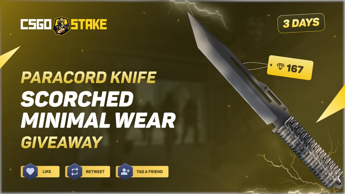CSGOStakecom's tweet photo. Paracord Knife Scorched Giveaway ⚡️
 (167 GEMS💎)
 
 Steps to join: 
1. Follow: @CSGOStakecom  
2. Retweet 
3. Tag 2 friends  

The winner will be announced in 3 days 🫡

Visit us at https://t.co/yMYqxs7O2n https://t.co/ARF2QDFK3U