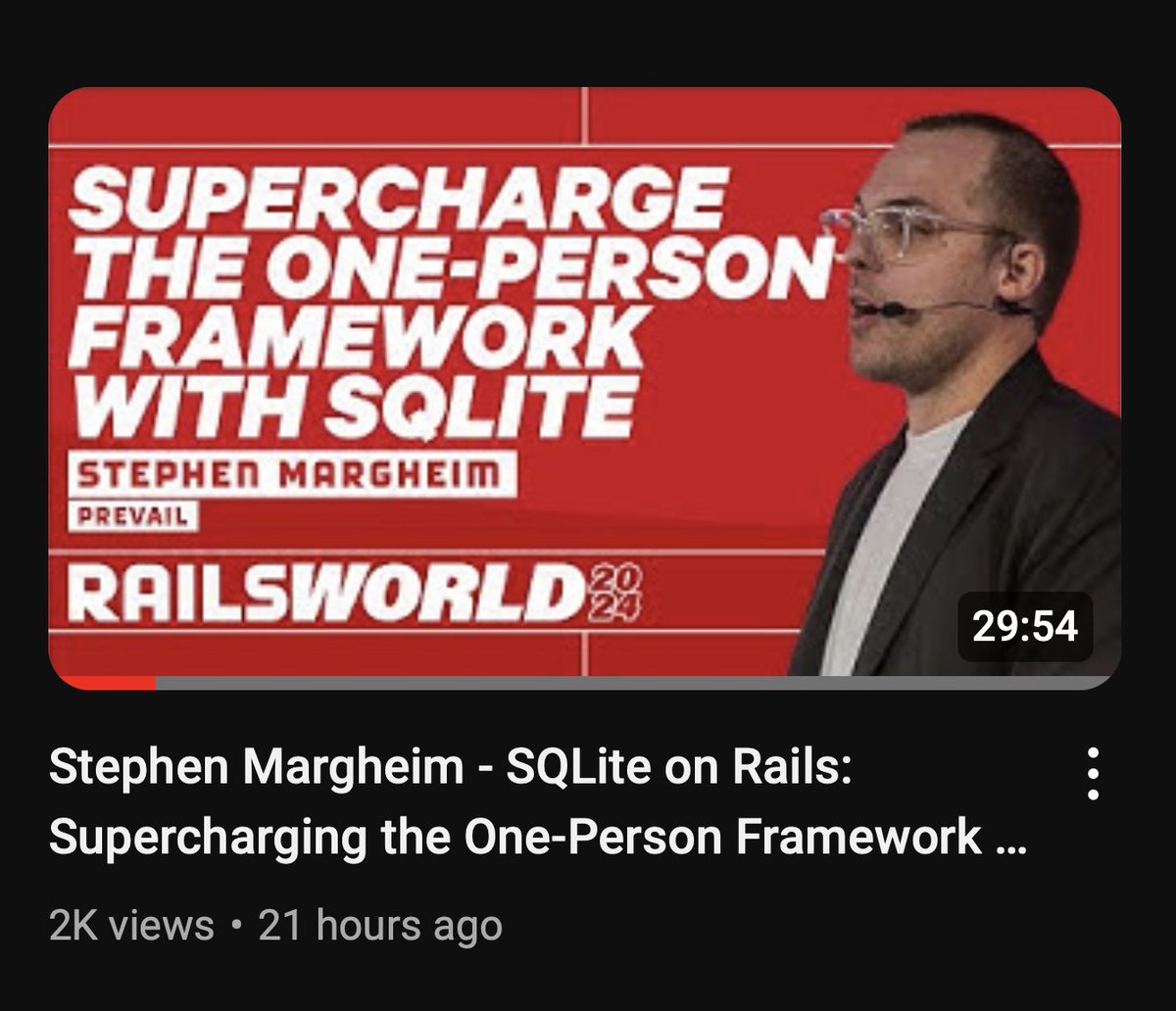 fractaledmind's tweet photo. Up to 2k views within the first 24 hours! It warms my heart to know that this talk is interesting and resonates with people. It is the best talk I have ever given on a topic I am so passionate about. I want #SQLiteOnRails to be the goto tool for starting new web apps. https://t.co/xT5LT9SZ6R