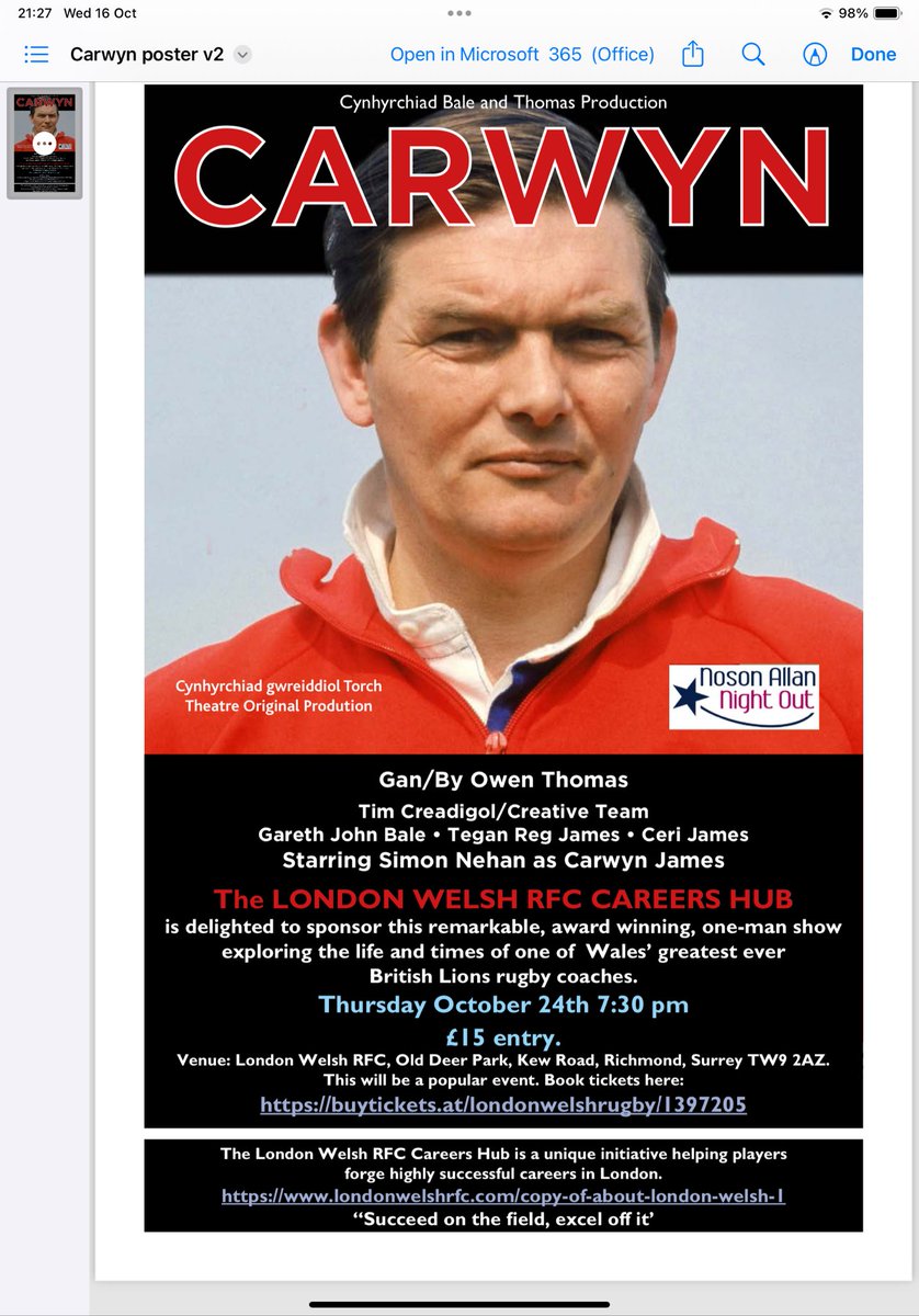 One week to go @ ODP! A man who beat the mighty All Blacks with 3 different teams - Llanelli, Barbarians &amp; the 1971 British and Irish Lions. Carwyn explores the life of Carwyn James whose career comprised broadcasting, coaching &amp; even espionage. londonwelshrfc.com/events
