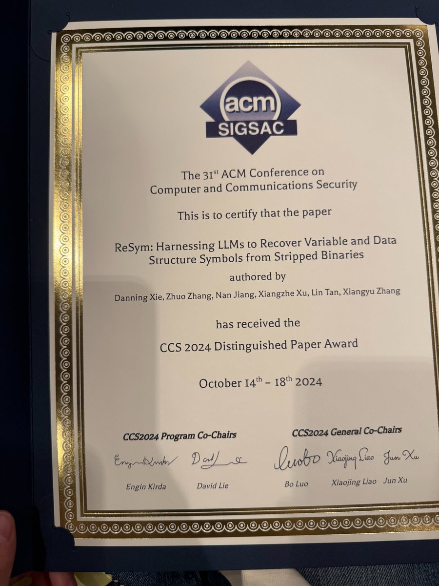 danning_x's tweet image. 🎉 Excited to announce that our paper &quot;ReSym: Harnessing LLMs to Recover Variable and Data Structure Symbols from Stripped Binaries&quot; has won the Distinguished Paper Award at #CCS2024! I&apos;ll present tomorrow afternoon in 9-4 session at @acm_ccs. Hope to see you! #LLM #LLM4Code