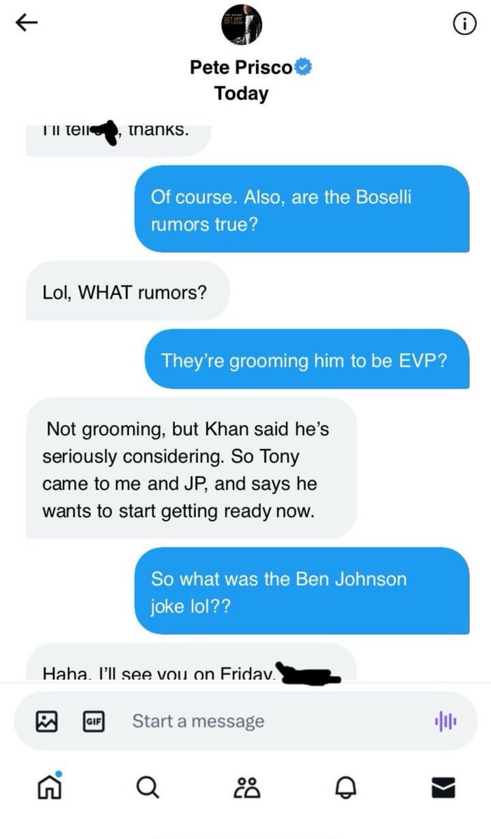 tealbeagle904's tweet photo. Take this with a grain of salt. Alleged leaked DMs with pete prisco via r/Jaguars. Tony Boselli the next EVP of football ops? #jaguars #duuuval https://t.co/BVGk3ht5B1