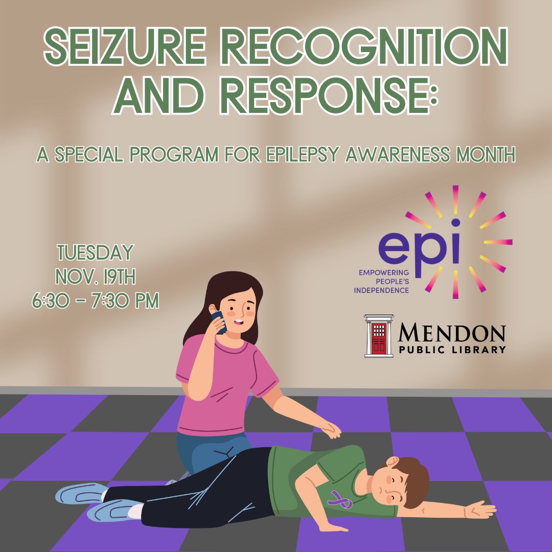 Adults &amp; teens: join us for EPI’s Seizure Recognition and Response training, a general overview of seizure types and first aid. It provides a foundation for the public to recognize and appropriately respond to the most common seizure types.
Register: calendar.libraryweb.org/event/13281211