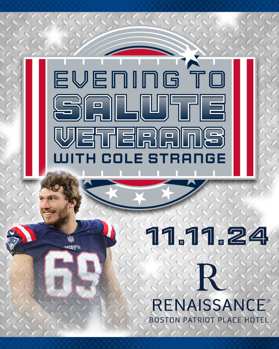 colestrangefdn (@colestrangefdn) on Twitter photo Join @ColeStrange69 this Veterans Day (Nov 11) at the Renaissance Boston Patriot Place for an evening of cocktails, dinner, auctions & fun with <a href="/Patriots/">New England Patriots</a> players—all to support veterans! For tickets go to: colestrange.org
📅11/11 | ⏰6:30-9:30 PM ET
#VeteransDay #Patriots Join @ColeStrange69 this Veterans Day (Nov 11) at the Renaissance Boston Patriot Place for an evening of cocktails, dinner, auctions & fun with <a href="/Patriots/">New England Patriots</a> players—all to support veterans! For tickets go to: colestrange.org
📅11/11 | ⏰6:30-9:30 PM ET
#VeteransDay #Patriots