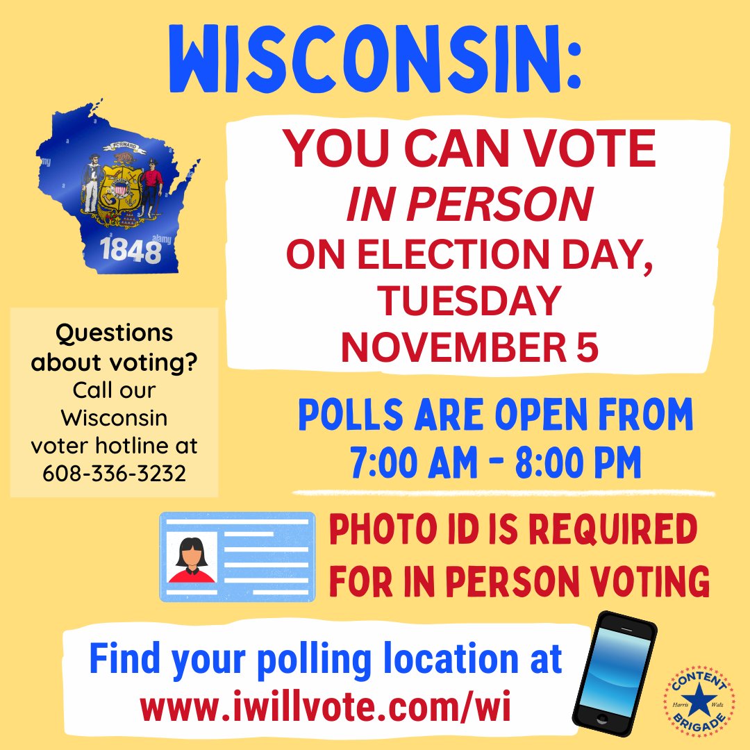 Not_BackingDown's tweet photo. Wisconsin, make a plan to vote! Visit https://t.co/MOLUonznIR for information on registering to vote, voting absentee, early or in person. Please share this!

#wipolitics #wisen #wisdems #voteblue #wisconsin #Election2024 #WIDems #WIForward #BlueWI #WIResistance #wiunion #wivote https://t.co/N1oVEFtBeo