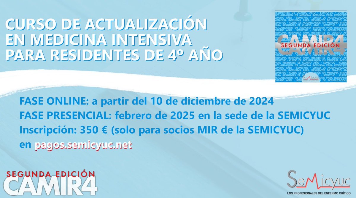 semicyuc's tweet photo. ¿Eres R4 de Medicina Intensiva? ¡El curso #CAMIR4 es para ti! Inscríbete en el curso de Actualización en #MedicinaIntensiva para MIR4 y fortalece las competencias que estás adquiriendo en tus últimos dos años de residencia.
Programa e inscripción👉https://t.co/EA3W6iWLET https://t.co/vnnux8PcIx