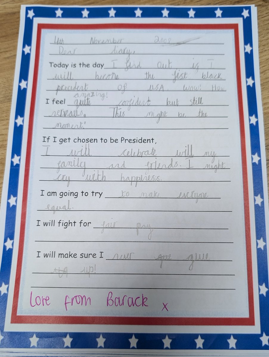 Year4Wansbeck's tweet photo. #BlackHistoryMonth2024 
Some of our wonderful diary entries by Y3 &amp; 4 from the perspective of Barack Obama on the night before his upcoming presidential election. My favourite quote "peace and hope will shine over us for an eternity" ❤️ #Obama #inspiration https://t.co/I2HFuUN8C4