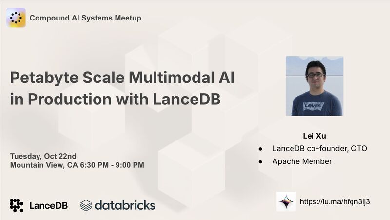 lancedb's tweet photo. Register on Luma: https://t.co/d7ZqHonjwD
@eddyxu is the Cofounder CTO of LanceDB, the developer-friendly, open-source database for multi-modal AI. He co-invented the #Lance columnar format and #LanceDB. Prior to LanceDB, he led various data infrastructure and machine learning infrastructure initiatives at Cruise Automation. He also spent several years at Cloudera as a #Hadoop #HDFS Project Management Committee (#PMC) member. Lei holds a PhD in computer engineering, specializing in distributed storage systems.
Check out Lei’s session “𝗣𝗲𝘁𝗮𝗯𝘆𝘁𝗲 𝗦𝗰𝗮𝗹𝗲 𝗠𝘂𝗹𝘁𝗶𝗺𝗼𝗱𝗮𝗹 𝗔𝗜 𝗶𝗻 𝗣𝗿𝗼𝗱𝘂𝗰𝘁𝗶𝗼𝗻” at Compound AI Systems Meetup on Tuesday, Oct 22!
Register on Luma: https://t.co/d7ZqHonjwD
Thank you for organizing
@KobieWon
@jasminechenwang
@lancedb
@DbrxMosaicAI
#multimodal #data #AI #techmeetup
