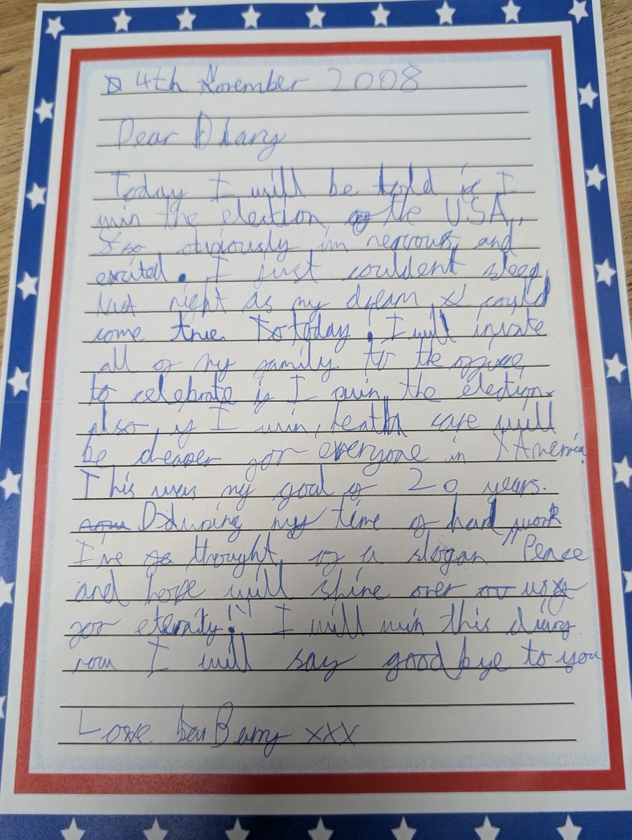 Year4Wansbeck's tweet photo. #BlackHistoryMonth2024 
Some of our wonderful diary entries by Y3 &amp; 4 from the perspective of Barack Obama on the night before his upcoming presidential election. My favourite quote "peace and hope will shine over us for an eternity" ❤️ #Obama #inspiration https://t.co/I2HFuUN8C4