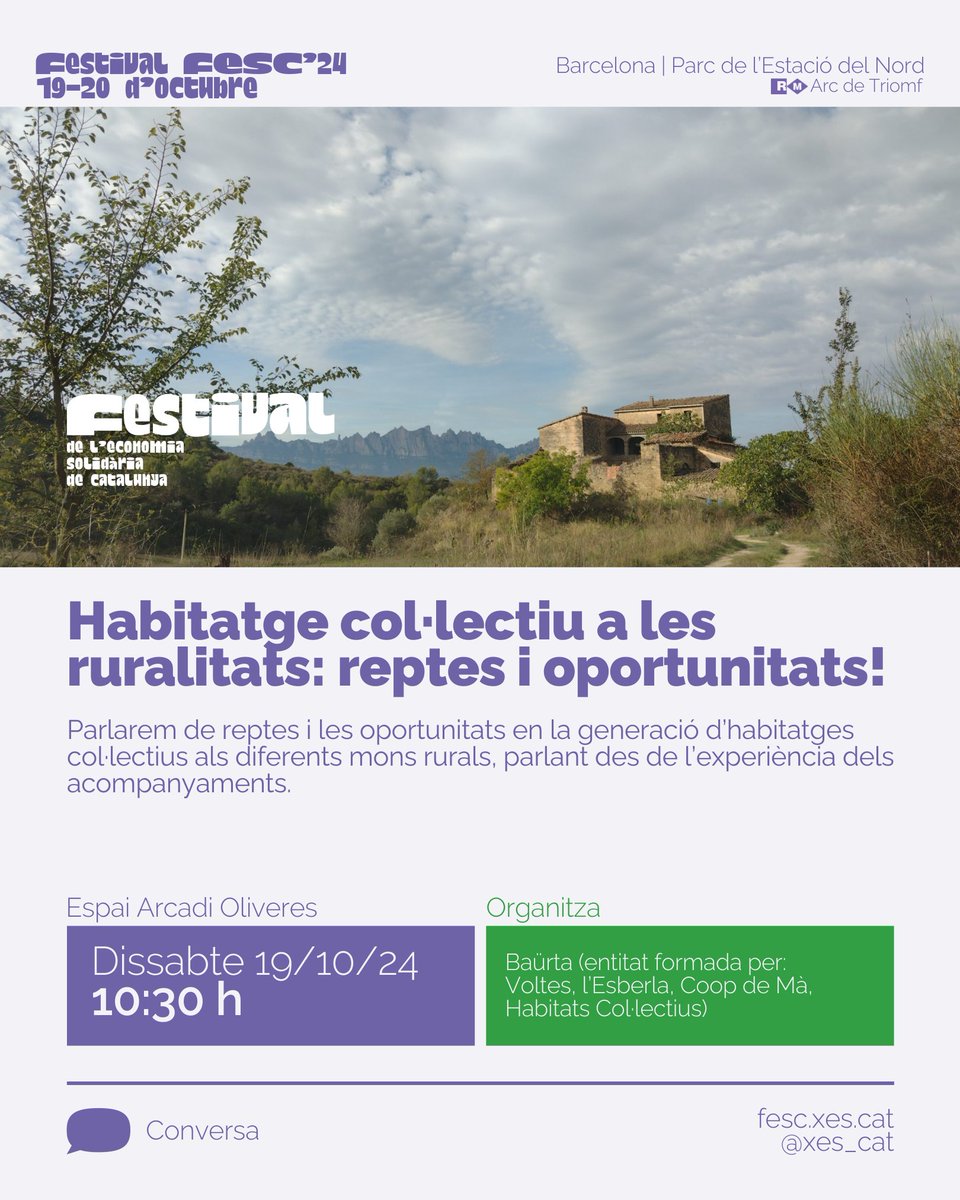 Xarxa d'Economia Solidària de Catalunya (@xes_cat) on Twitter photo També a les 10:30 h hi ha les primeres converses diesteses del #FestivalFESC, una d'elles sobre habitatge col·lectiu i ruralitats
Descobreix què suposa realment aquesta forma de vida amb la Baürta, entitat formada per <a href="/voltescoop/">Voltes cooperativa d'arquitectura</a>, <a href="/esberla_coop/">l'Esberla</a>, <a href="/Coopdema/">Coopdemà</a> i Hàbitats Col·lectius També a les 10:30 h hi ha les primeres converses diesteses del #FestivalFESC, una d'elles sobre habitatge col·lectiu i ruralitats
Descobreix què suposa realment aquesta forma de vida amb la Baürta, entitat formada per <a href="/voltescoop/">Voltes cooperativa d'arquitectura</a>, <a href="/esberla_coop/">l'Esberla</a>, <a href="/Coopdema/">Coopdemà</a> i Hàbitats Col·lectius