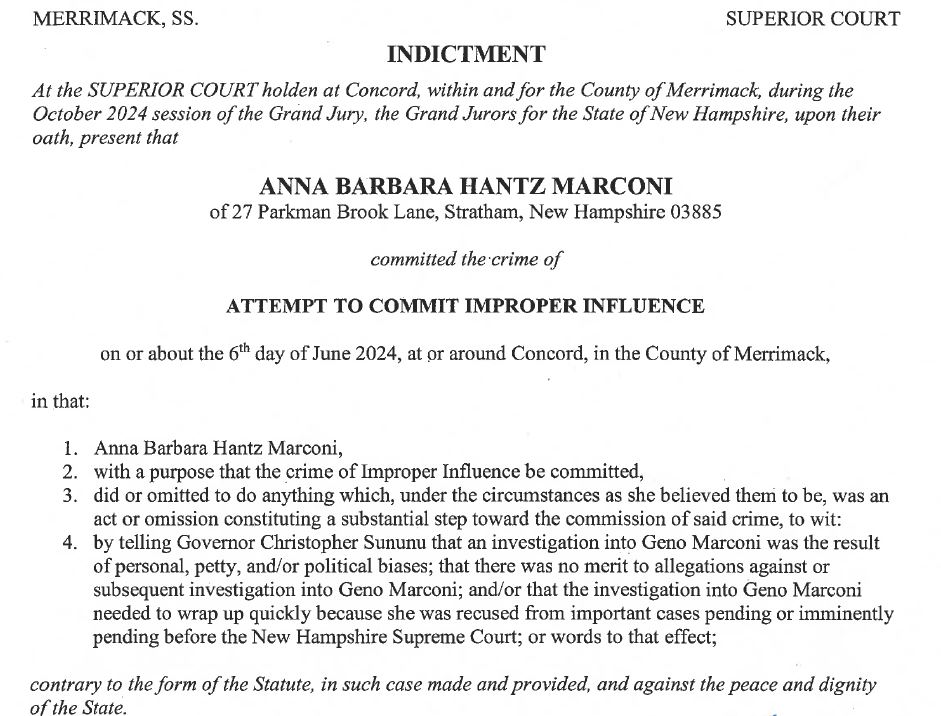 Todd Bookman (@toddbookman) on Twitter photo Here is the first indictment. Accuses Supreme Court Justice Marconi of asking <a href="/GovChrisSununu/">Chris Sununu</a> to intervene into an investigation into her husband, Geno Marconi #NHPolitics Here is the first indictment. Accuses Supreme Court Justice Marconi of asking <a href="/GovChrisSununu/">Chris Sununu</a> to intervene into an investigation into her husband, Geno Marconi #NHPolitics