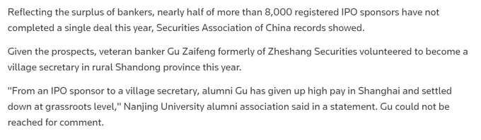 Talk about a blast from the past. Chinese capital markets bankers 'volunteering' to be sent to the countryside. Can't make this stuff up reuters.com/world/asia-pac…