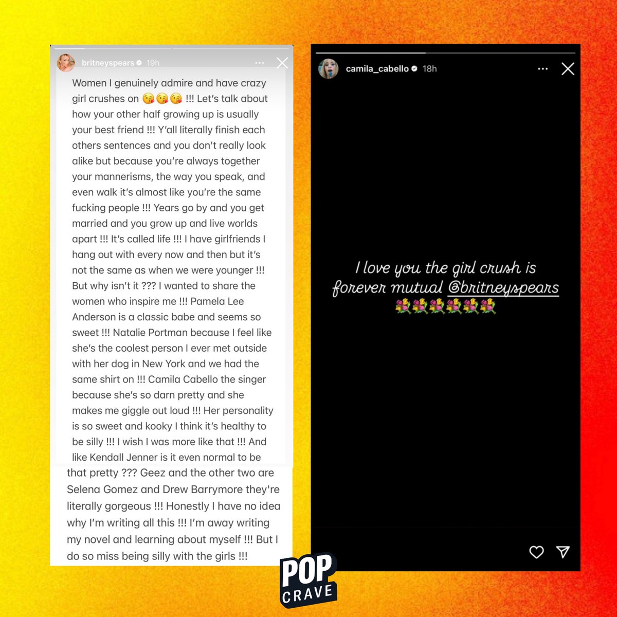 Camila Cabello responds to Britney Spears naming her as one of the women who inspire her:

“I love you, the girl crush is forever mutual”