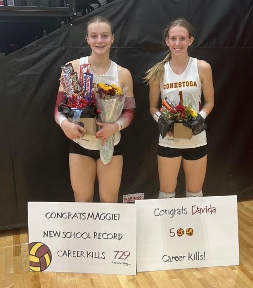 C1stogaBc's tweet photo. ICYMI… Maggie Fiene became Conestoga’s career leader in kills as a Junior this past weekend.   She eclipsed the previous record of 728 kills set by Kassie Stone 24 years ago.  
Davida Garrett has also proven herself a trained assassin recording her 500th career kill as a Cougar. https://t.co/2T612sICl7