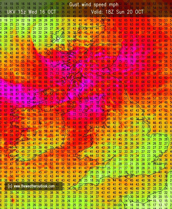 Potential for a named storm this Sunday. UKV forecasting very strong gusts across Scotland, northern England and Ireland