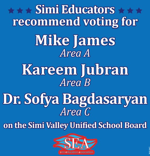 SimiEducators's tweet image. As a Simi Valley educator, I support Dr. Sofya Bagdasaryan, Mike James &amp;amp; Kareem Jubran!  Please vote!