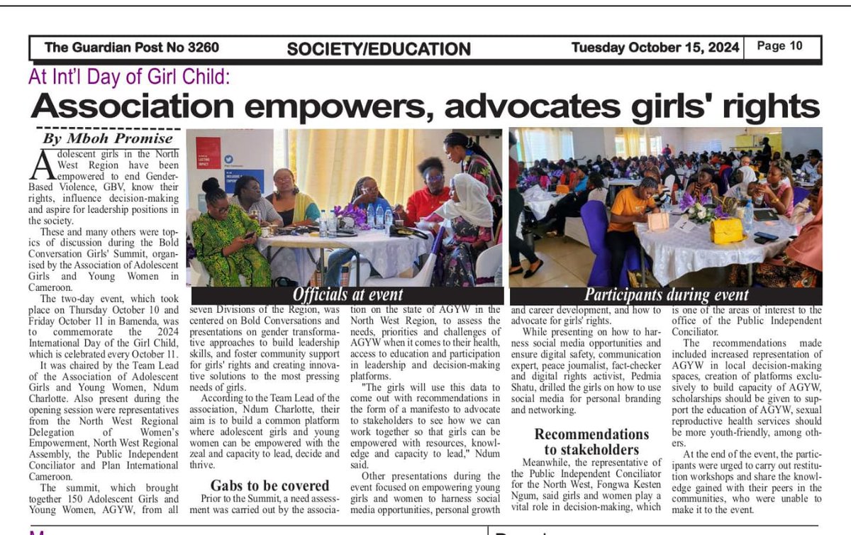 AGYW_Coalition's tweet photo. The Bold Conversations Girls' Summit got featured in The Guardian Post and The Voice Newspaper this week. Read all about this incredible event celebrating the International Day of the Girl Child and how we're empowering girls in 🇨🇲 to lead and create change. #BoldConversations https://t.co/hl1alsJnju