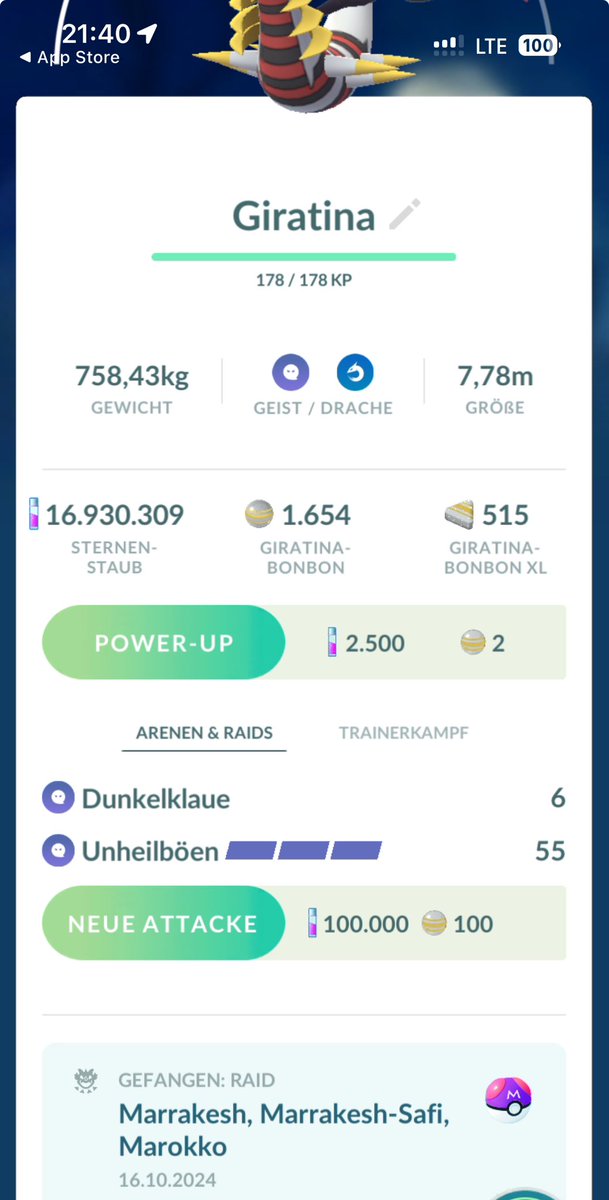 Endlich 100er Giratina! 🎉 und dann noch in Marrakesh 🌴 da es nicht drin bleiben wollte, im Meisterball gefangen 🤨 mit <a href="/Armenius20/">ARMENIUS</a>