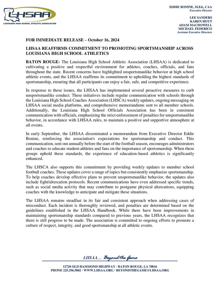GeauxPrepsLA's tweet photo. The LHSAA has released a statement addressing sportsmanship in Louisiana high school athletics, following several instances of unsportsmanlike behavior this fall https://t.co/DL21caBBqH