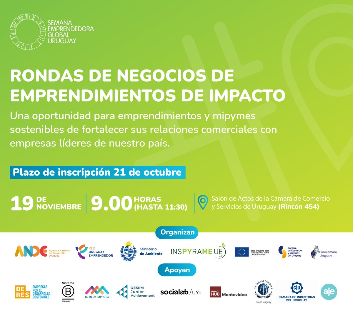 InspyrameUE's tweet photo. 🌱¡Una oportunidad única para MYPES sostenibles de conectar con empresas líderes de nuestro país.

🗓️19/11
📍 CCSUy
⏰ 9:00-11:30 h

Registro: https://t.co/Awtrh8cnr1

Coorganizada con el @MAmbienteuy y la Red Uruguay Emprendedor, en el marco de la #SemanaEmprendedoraGlobal https://t.co/3LIL58eNgE