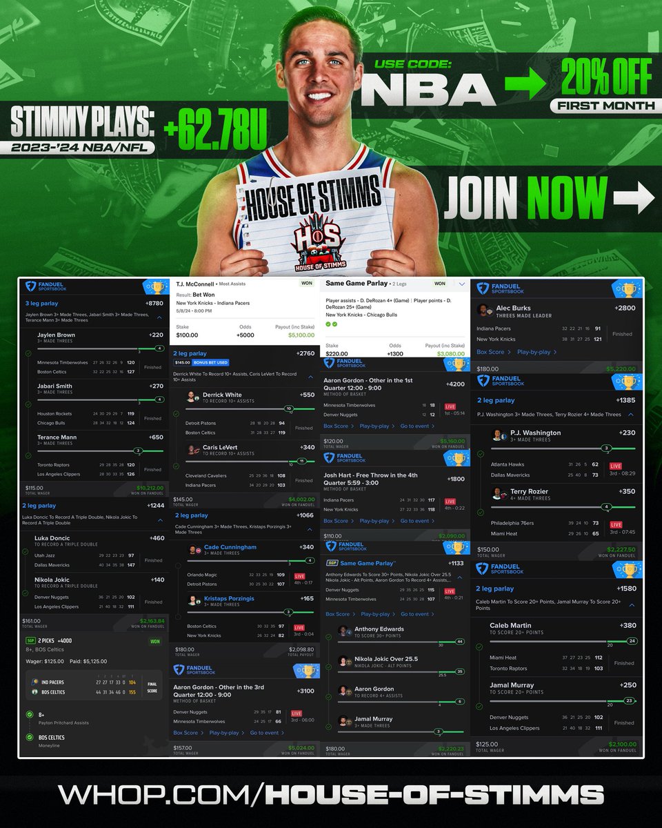 One more week until it’s go time. 

🚨Use code “NBA” for 20% off🚨

Couldn’t fit them all, but some of my NBA bangers from last season💰

+8780         +1800
+5000         +1580
+4200         +1385
+4000         +1300
+3100          +1244
+2800          +1122
+2760          +1066