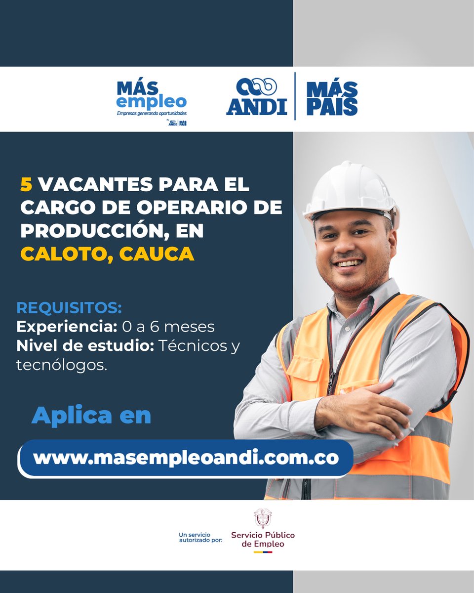 MasEmpleoAndi's tweet photo. #TrabajoSíHay en Caloto, Cauca | 5 vacantes de trabajo disponibles para el cargo de Operario de Producción

Postúlate acá: https://t.co/LSeZ3i8HPB https://t.co/xdYnklWnU8