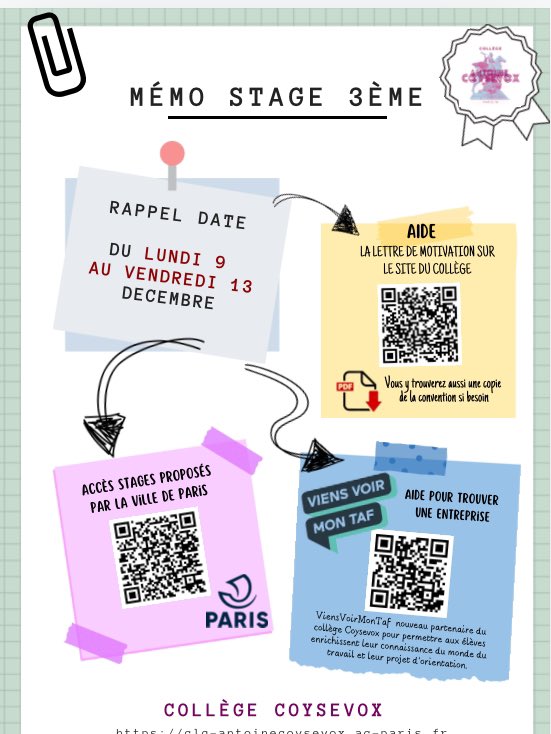 <a href="/CCoysevox14281/">Collège Coysevox</a> accompagne ses élèves de 3ème dans la recherche de stages.

🎯Nouveau partenariat avec l’asso. @ViensVoirMonTaf 
➕<a href="/mairie18paris/">Mairie 18 Paris</a> <a href="/Paris/">Paris</a> 
🟰🙏pour l’opportunité

🔗Accès aux #tips ⬇️
pia.ac-paris.fr/serail/jcms/s1…

Mémo pour accès facile
pour 🙋🏻‍♀️🙋🏽‍♂️🙋🏼‍♂️🙋🏽‍♀️ 
⬇️ ⬇️ ⬇️