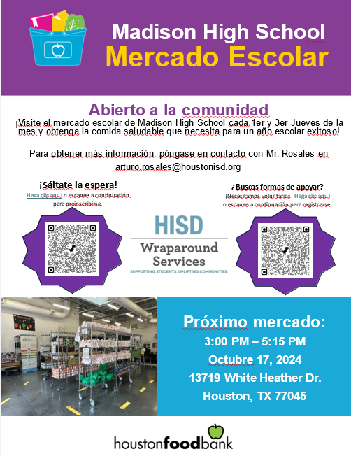 MadisonHS_'s tweet photo. Madison High School Food Distribution in the student parking lot, every 1st &amp; 3rd Thursday of the month! Next one is tomorrow- Oct 17 from 3-5:15 pm. See upcoming dates in the flyer. Share the news! Hope to see you there #JMHS #MadisonMarlins #MarlinNation https://t.co/6vNT0SFW5M